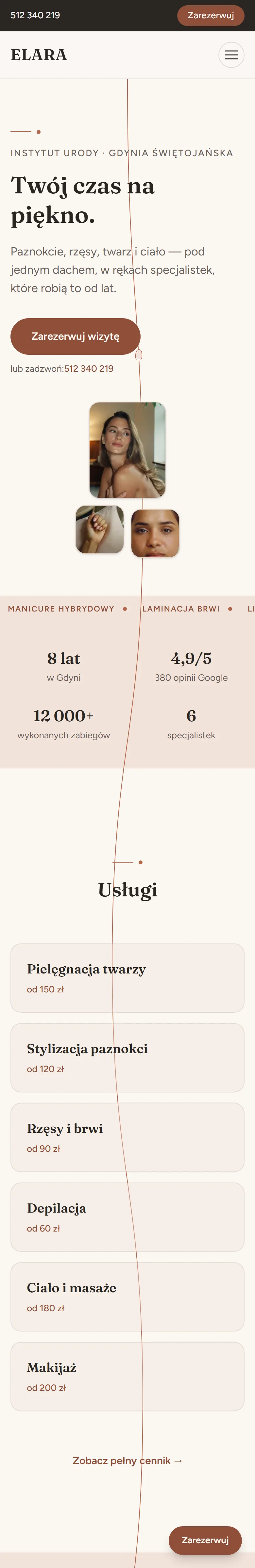 Strona główna projektu pokazowego ELARA Instytut Urody na telefonie