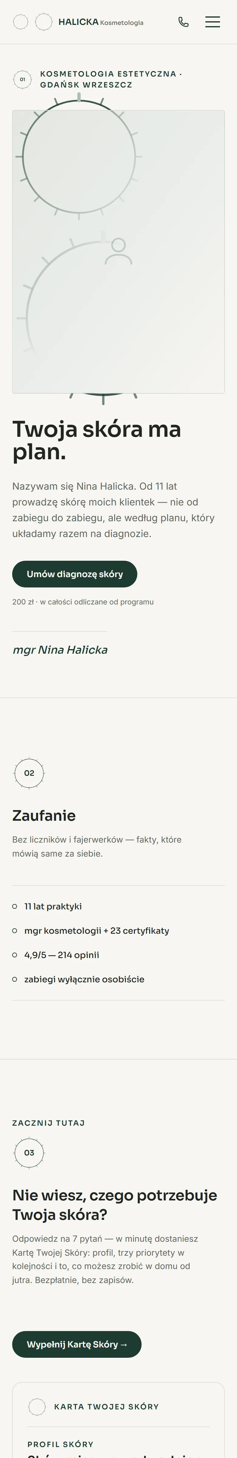 Strona główna projektu pokazowego HALICKA Kosmetologia Estetyczna na telefonie